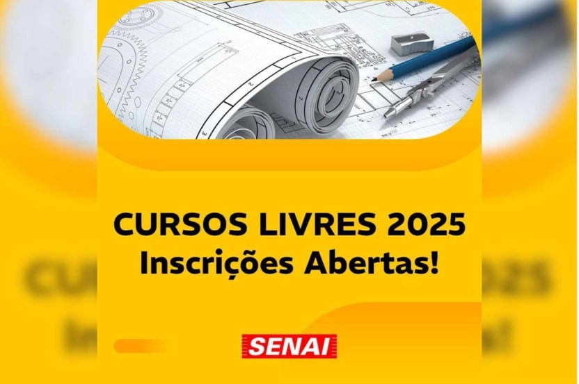 Imagem promocional do SENAI Jundiaí anunciando inscrições abertas para cursos livres 2025, com fundo amarelo e materiais técnicos de engenharia.