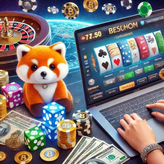 Imagem temática do Slottica Cassino com laptop, caça-níqueis, panda vermelho de pelúcia, fichas, dados, bitcoins e dinheiro.