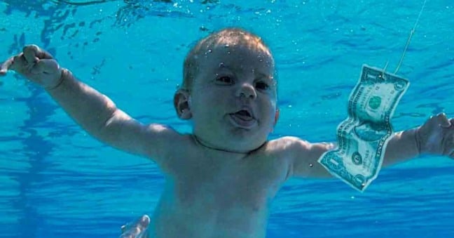 Capa do álbum Nevermind, da banda Nirvana - bebê em piscina com nota de dinheiro em anzol