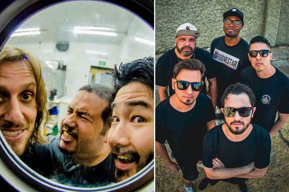 Trio SupraSumo (esquerda) e Kamikaze Rock (direita) se apresentam no Jumpbarbecue