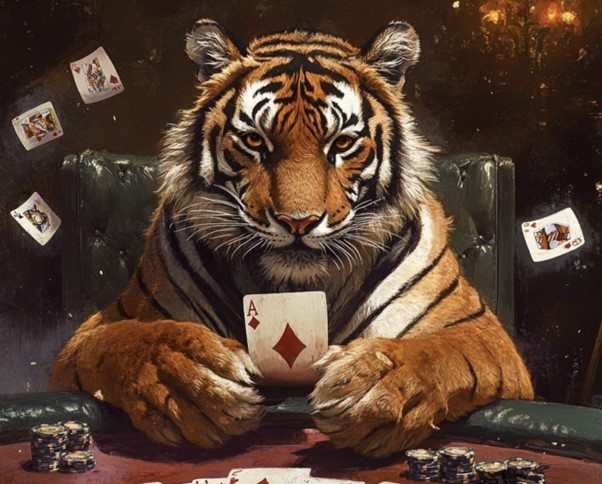 Tiger com cartas de pôquer em mãos, simbolizando o jogo estratégico e competitivo em TigerGaming.