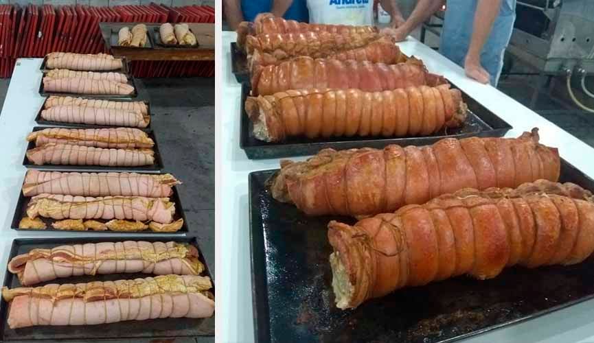 à esquerda, várias unidades de torresmo em rolo cru em mesa. à direita, unidades fritas em foto mais de perto à esquerda, várias unidades de torresmo em rolo cru em mesa. à direita, unidades fritas em foto mais de perto