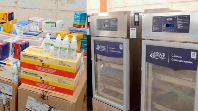 À esquerda, foto de medicamentos; à direita, refrigeradores.