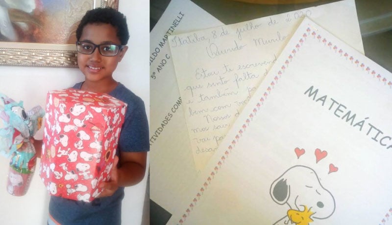 Murilo segura um ovo de páscoa, à esquerda; à direita, lista de atividades com figuras do Snoopy