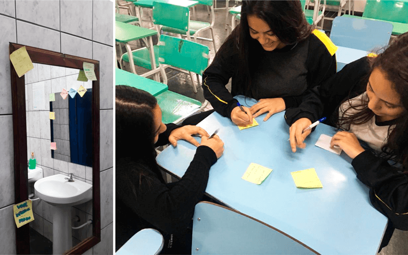 Alunos escreveram mensagens e colaram mais 60 post-its pelo colégio (Foto: Arquivo pessoal)