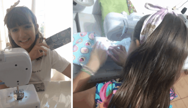 À esquerda, Maria Luisa com máscara e à direita, costurando máscara