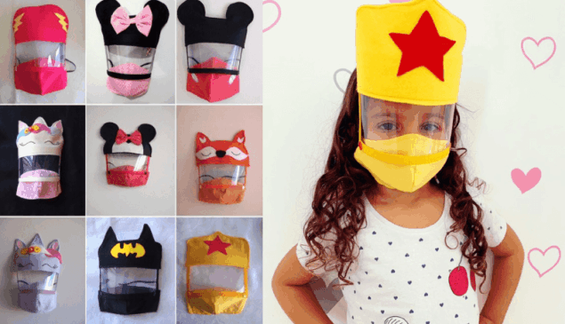 Máscaras face shield à esquerda; à direita, menina usa máscara face shield