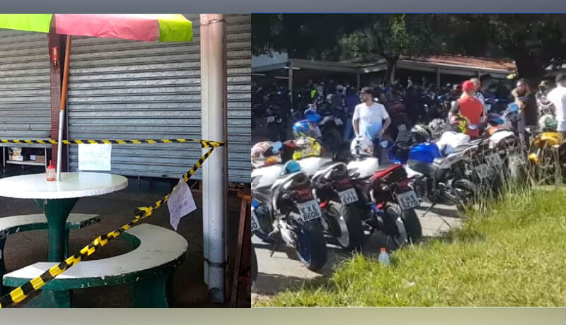 Estabelecimento com fita zebrada e reprodução de vídeo de aglomeração