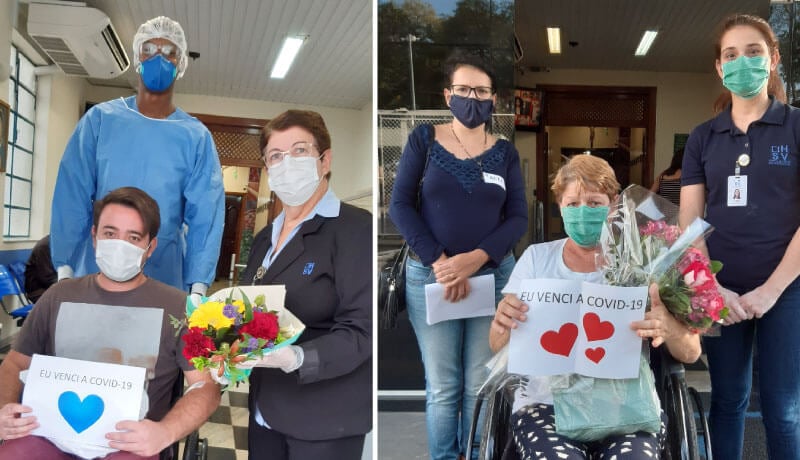 Tiago Hideki Nomura e Conceição Perandini de Lima saindo do Hospital São Vicente de cadeira de rodas