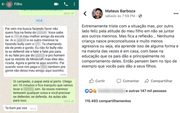 Print screen da tela de mensagens do WhatsApp com mensagens do filho e publicação feita no Facebook pelo pai