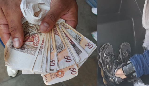 Notas falsas e jovem com tornozeleira eletrônica