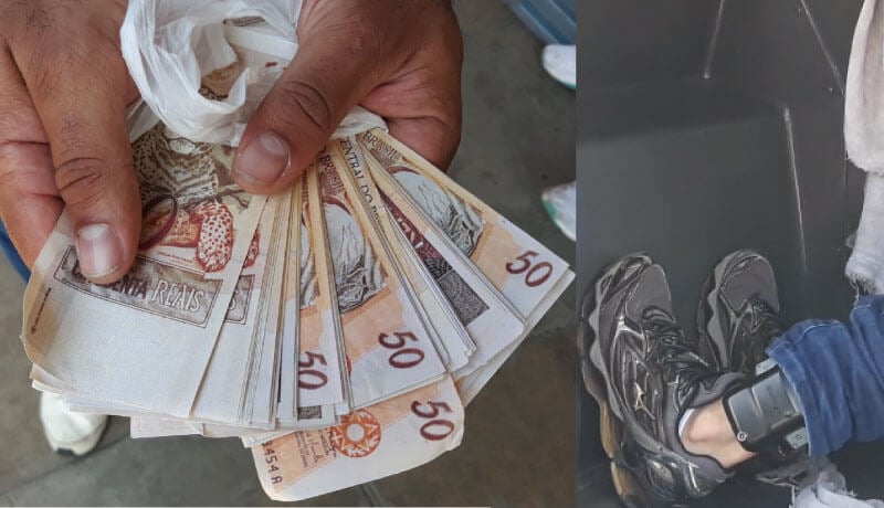 Notas falsas e jovem com tornozeleira eletrônica