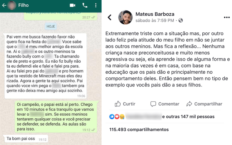 Print screen da tela de mensagens do WhatsApp com mensagens do filho e publicação feita no Facebook pelo pai