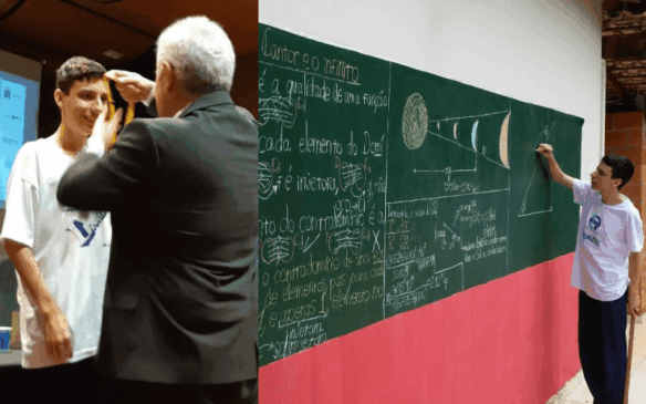 À esquerda, Marcos Pontes entrega medalha a Mateus; à direita, Mateus estudando em casa com sua super lousa