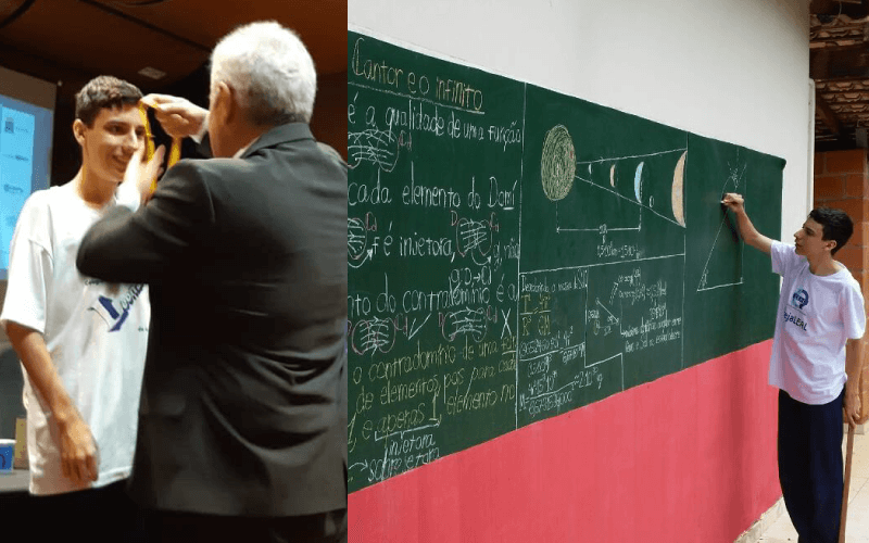 À esquerda, Marcos Pontes entrega medalha a Mateus; à direita, Mateus estudando em casa com sua super lousa