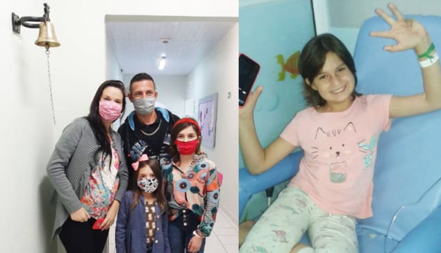 Fotos da família de Luíza com ela, ao lado do sino da vitória