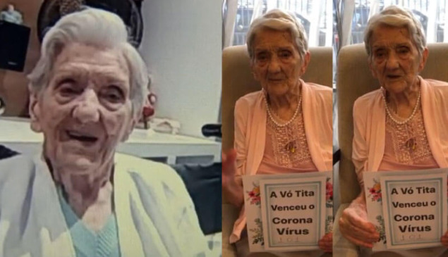 Dona Tita segura cartaz mencionado vitória contra coronavírus
