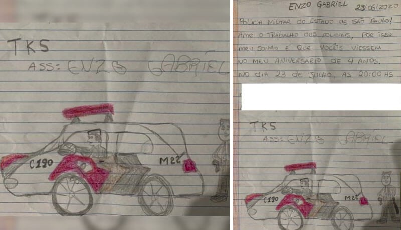 PM procura por criança que fez cartinha pedindo por presença de policiais em aniversário
