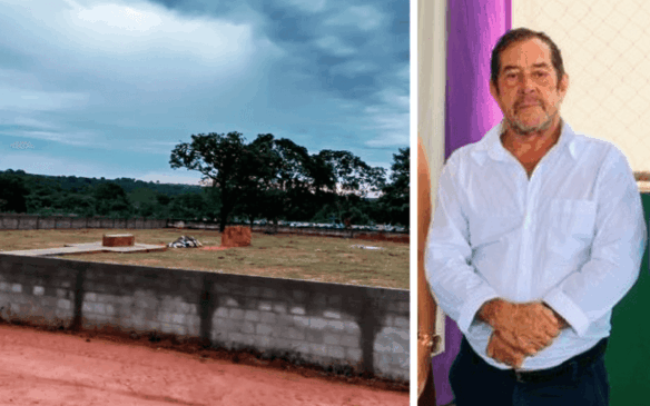 À esquerda, cemitério; à direita, foto do prefeito