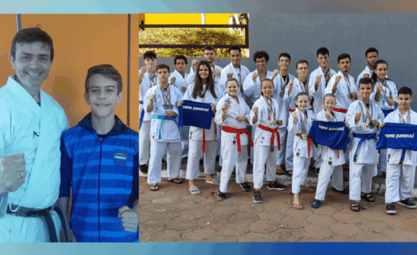 À esquerda, Pedro e seu treinador; à direita, equipe de Karatê.