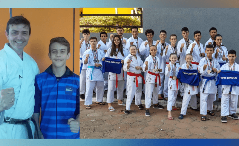 À esquerda, Pedro e seu treinador; à direita, equipe de Karatê.