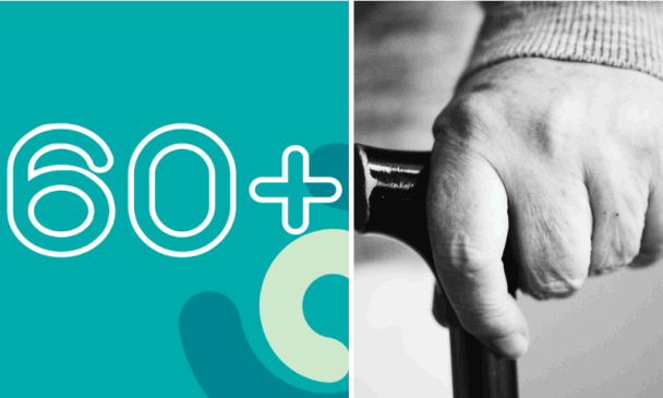 À esquerda, banner de divulgação; à direita, idoso segura bengala.