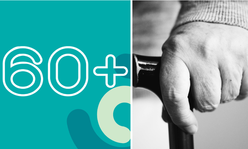 À esquerda, banner de divulgação; à direita, idoso segura bengala.