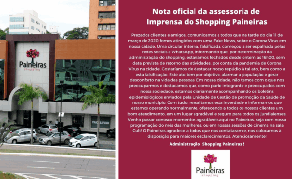 À esquerda, foto do Shopping Paineiras; à direita, nota de esclarecimento.