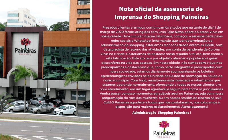 À esquerda, foto do Shopping Paineiras; à direita, nota de esclarecimento.