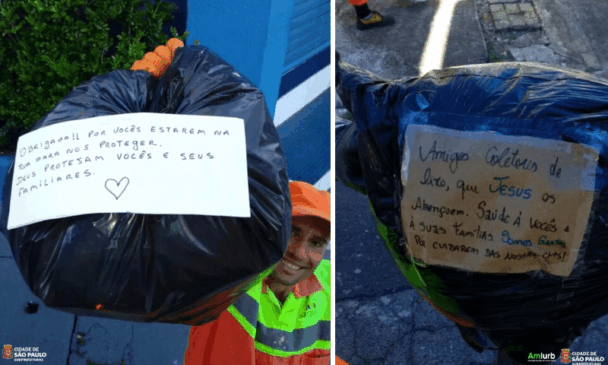 À esquerda, coletor segura saco de lixo; à direita, imagem mostra recado do bilhete
