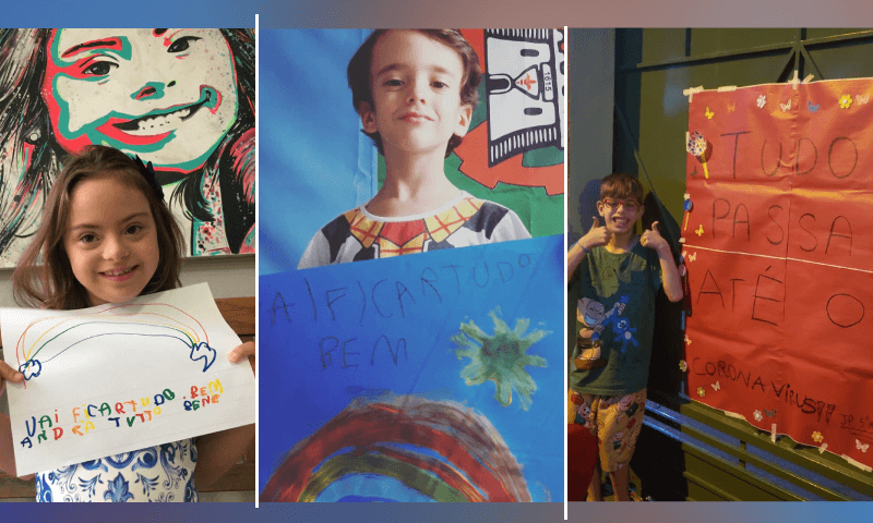Da esquerda para direita, com seus cartazes: Maria Luíza, Leonardo e João Pedro Da esquerda para direita, com seus cartazes: Maria Luíza, Leonardo e João Pedro