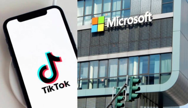 Aplicativo TikTok aberto em celular e fachada de empresa da Microsoft