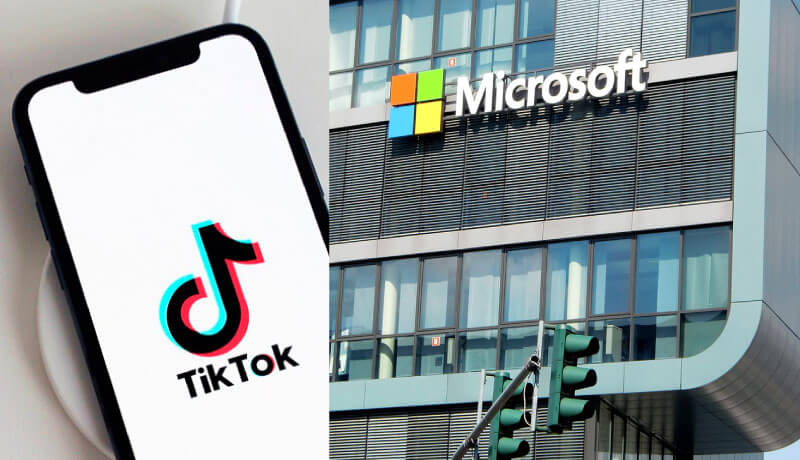 Aplicativo TikTok aberto em celular e fachada de empresa da Microsoft