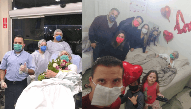 À esquerda, Edna sai do Hospital em maca; à direita, deitada na cama ao lado da família