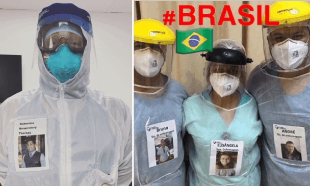 Médicos com EPIs e fotos coladas no uniforme