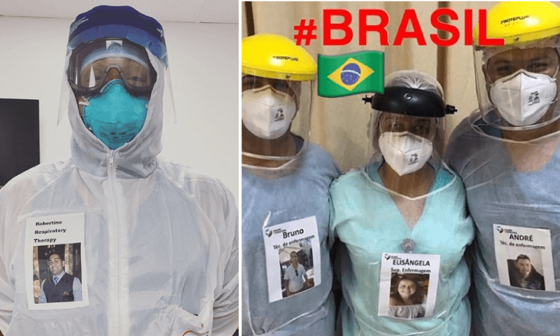 Médicos com EPIs e fotos coladas no uniforme