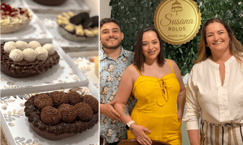 À esquerda, ovos de Páscoa; à direita, administradores da empresa.