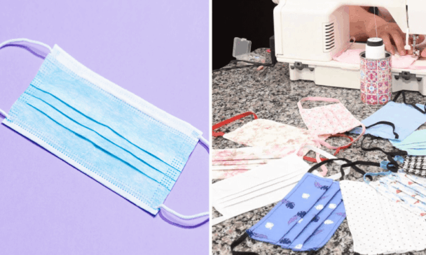 À esquerda, máscara descartável; à direita, máscara de tecido