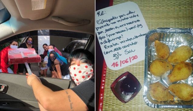 À esquerda, Suellen entrega itens de festa de aniversário a amigos; à direita, dedicatória e itens entregues.