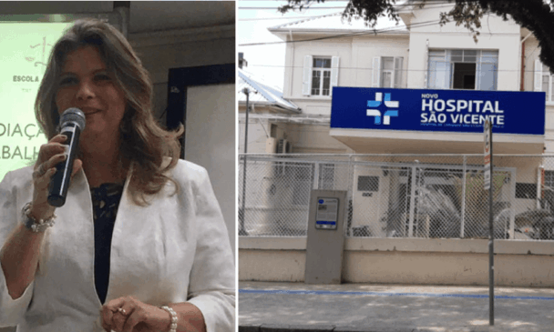 Foto da juíza falando ao microfone e da fachada do HSV