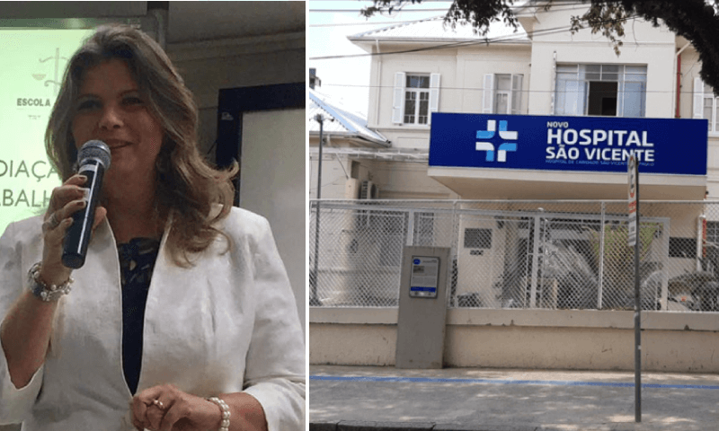 Foto da juíza falando ao microfone e da fachada do HSV Foto da juíza falando ao microfone e da fachada do HSV