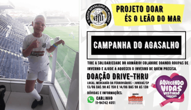 Larissa veste uniforme do Santos; à direita, banner com dados sobre a campanha