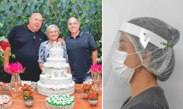 Foto da família e máscara de acrílico