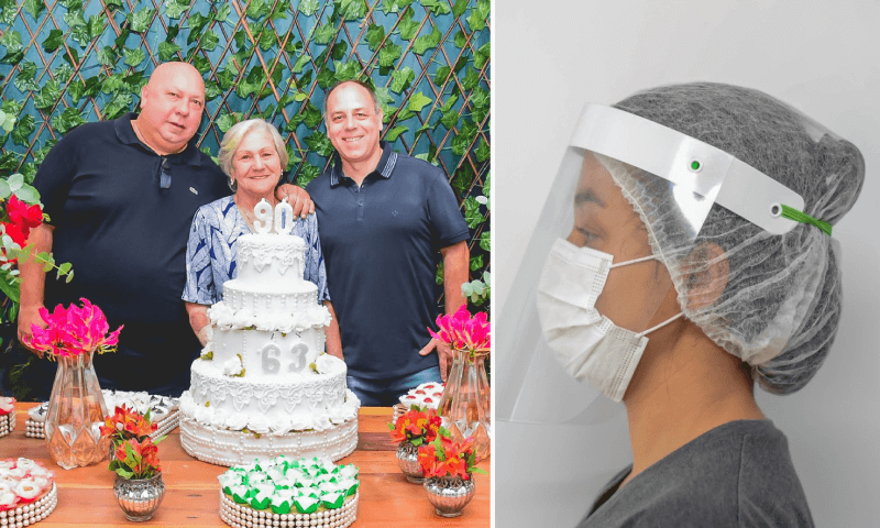 Foto da família e máscara de acrílico