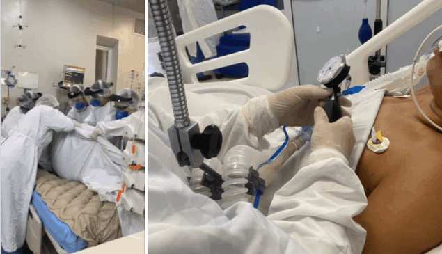 À esquerda, equipe faz pronação de paciente grave; à direita, fisioterapeuta mede capacidade respiratória