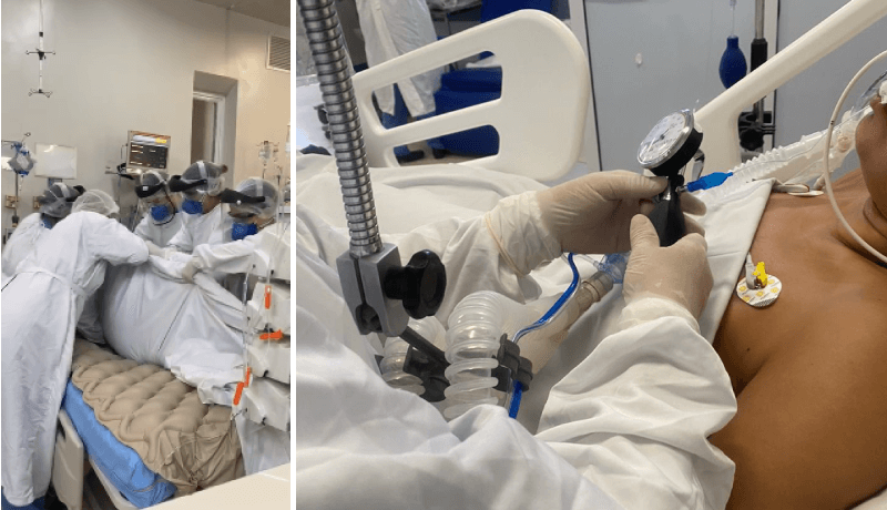 À esquerda, equipe faz pronação de paciente grave; à direita, fisioterapeuta mede capacidade respiratória