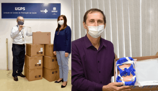 Representantes das empresas com máscaras nas mãos