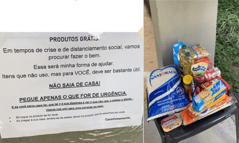 Mantimentos expostos em banquinhos e cartaz com informações e orientações Mantimentos expostos em banquinhos e cartaz com informações e orientações