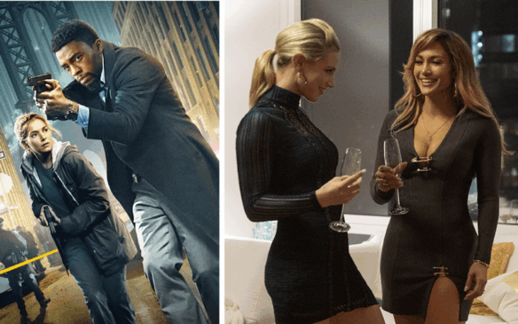 À esquerda, cartaz de Crime sem saída; à esquerda, trecho do filme as golpistas