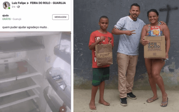 À esquerda, publicação do Facebook; à direita, entrega de cestas à família